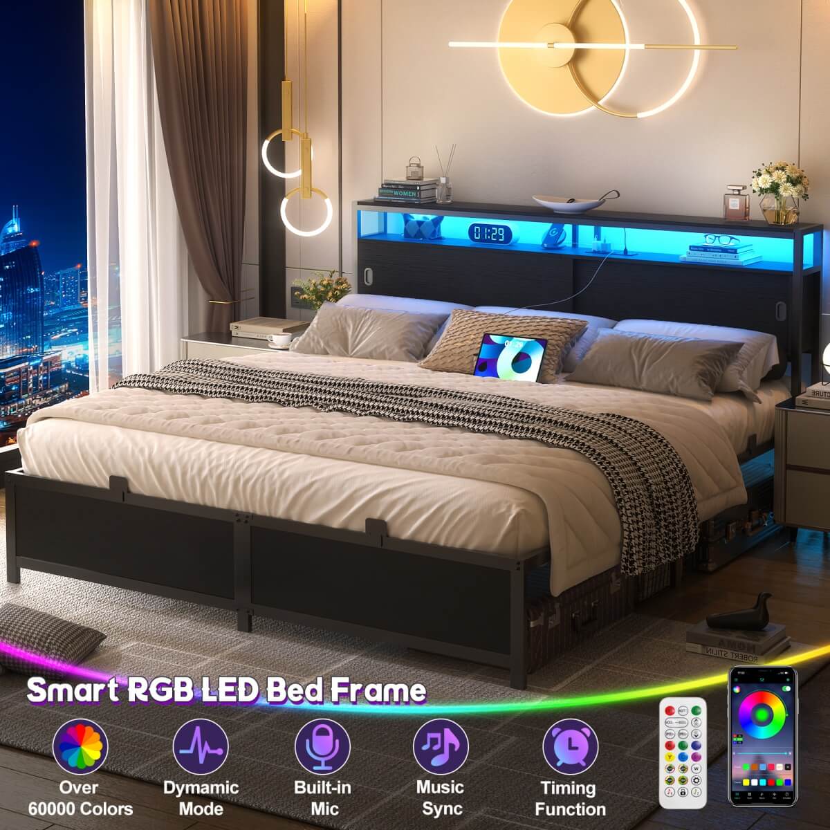 King Size Bed Frame - Storage Headboard Bed with Sliding Doors, LED Lights & USB Charging Station