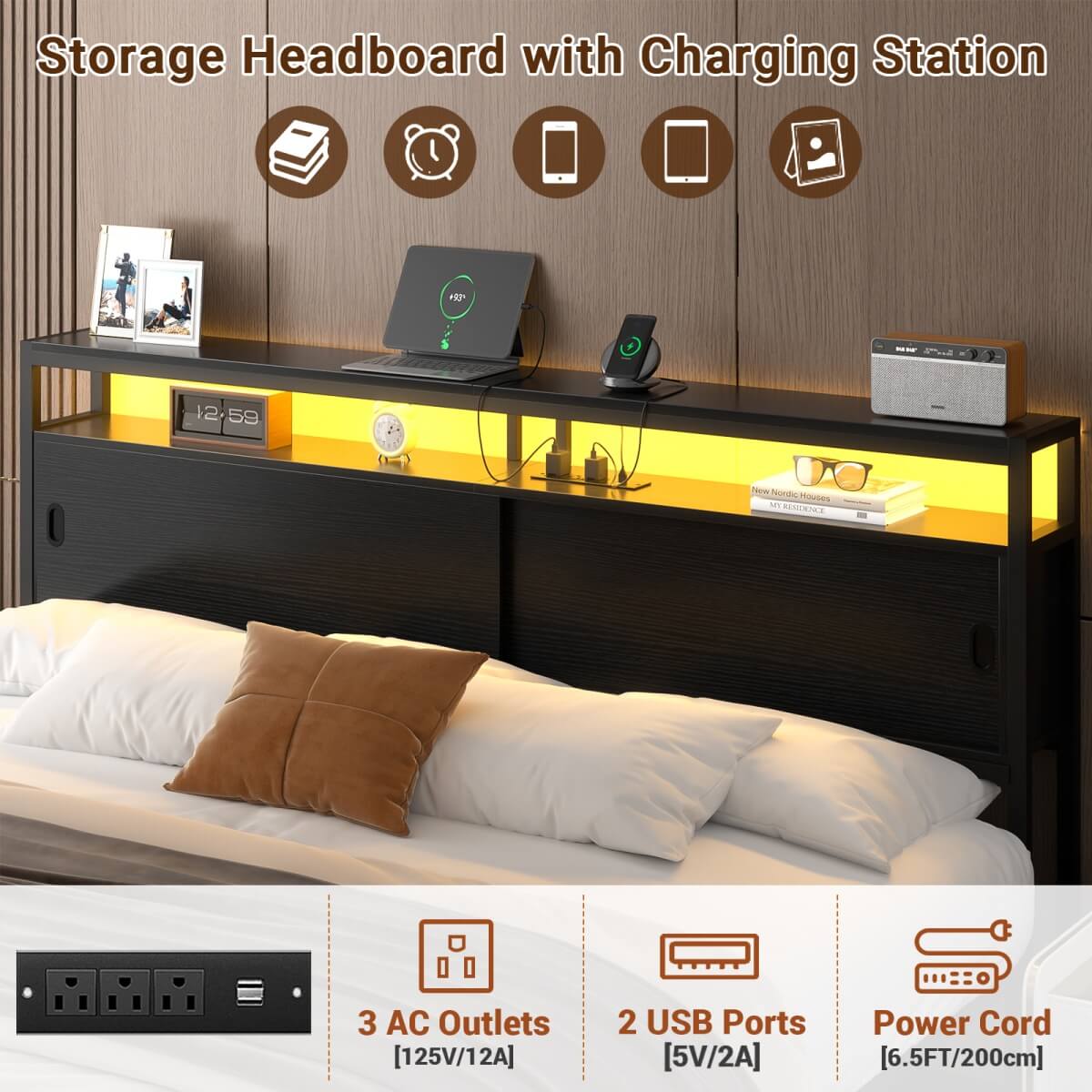 King Size Bed Frame - Storage Headboard Bed with Sliding Doors, LED Lights & USB Charging Station