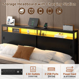 King Size Bed Frame - Storage Headboard Bed with Sliding Doors, LED Lights & USB Charging Station