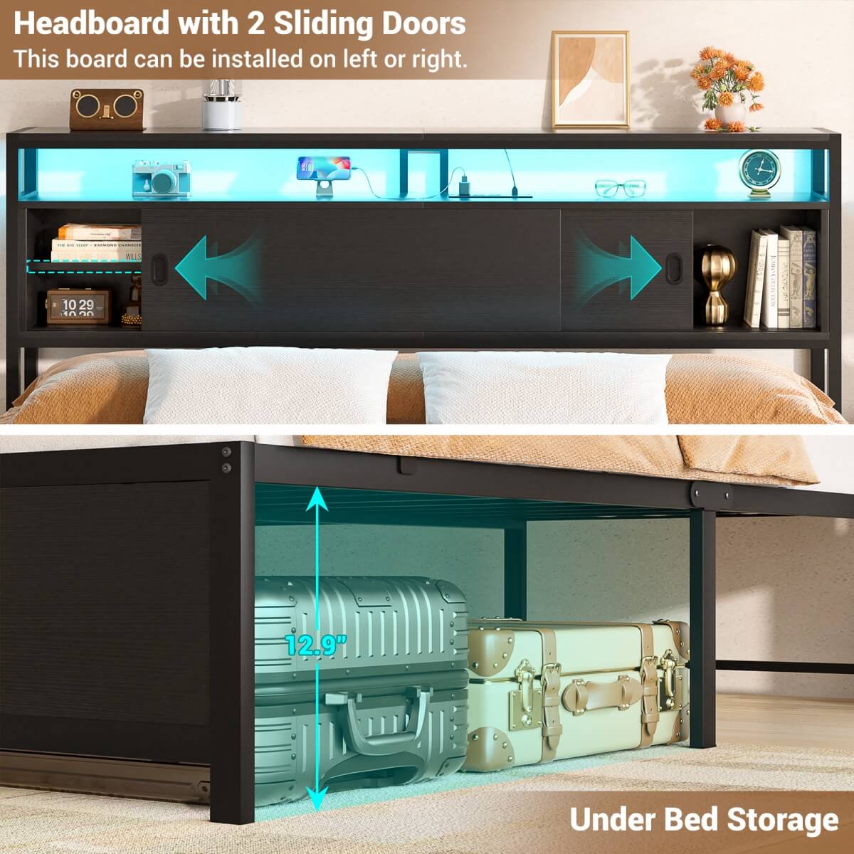 King Size Bed Frame - Storage Headboard Bed with Sliding Doors, LED Lights & USB Charging Station