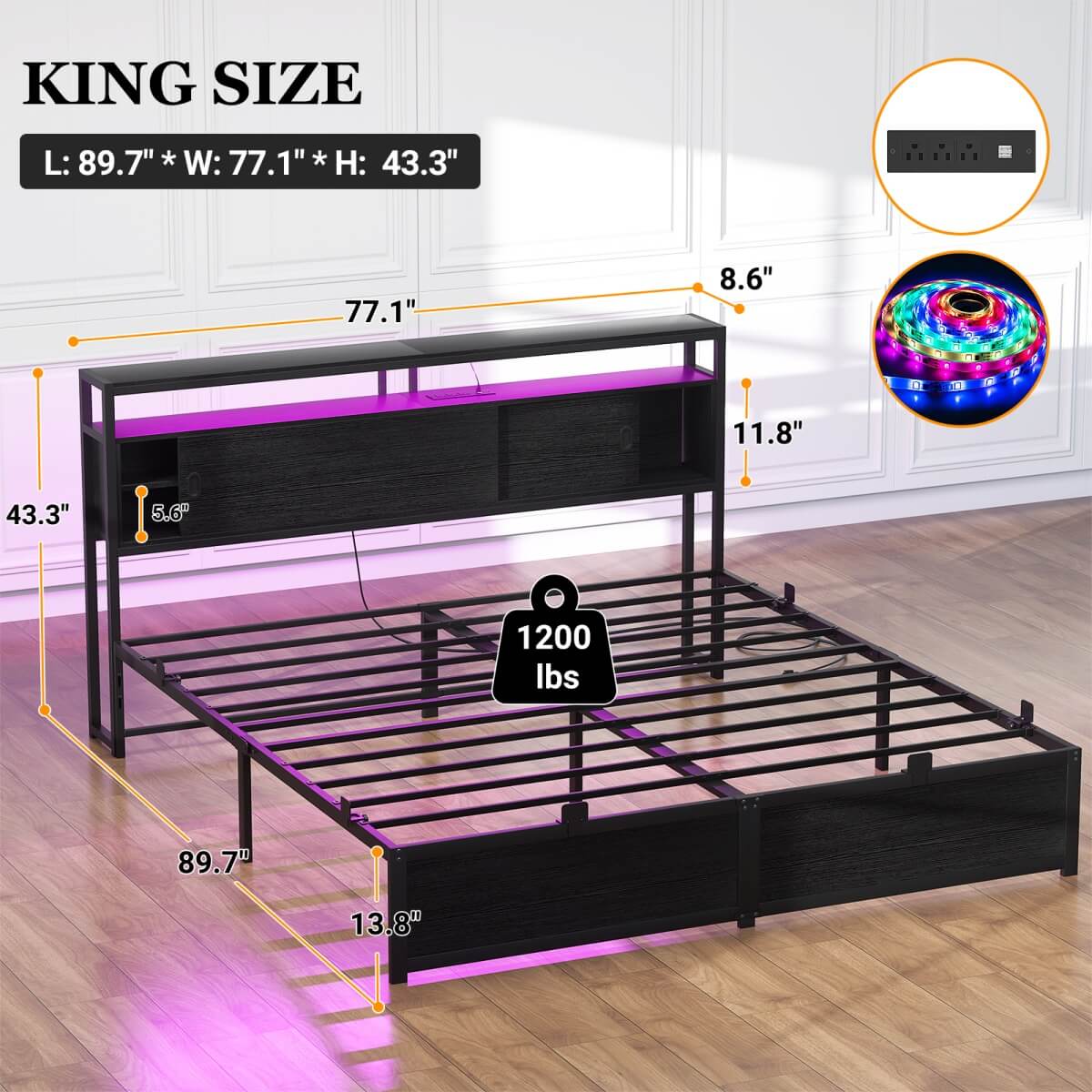 King Size Bed Frame - Storage Headboard Bed with Sliding Doors, LED Lights & USB Charging Station