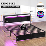 King Size Bed Frame - Storage Headboard Bed with Sliding Doors, LED Lights & USB Charging Station