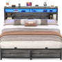 King Size Bed Frame - Storage Headboard Bed with Sliding Doors, LED Lights & USB Charging Station