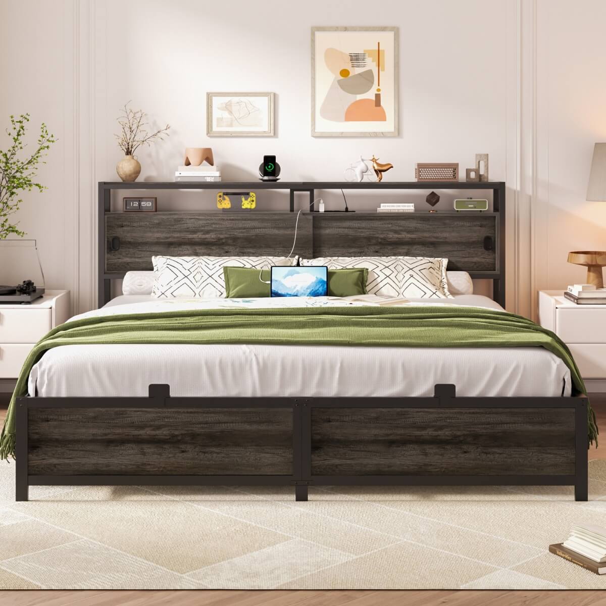 King Size Bed Frame - Storage Headboard Bed with Sliding Doors, LED Lights & USB Charging Station