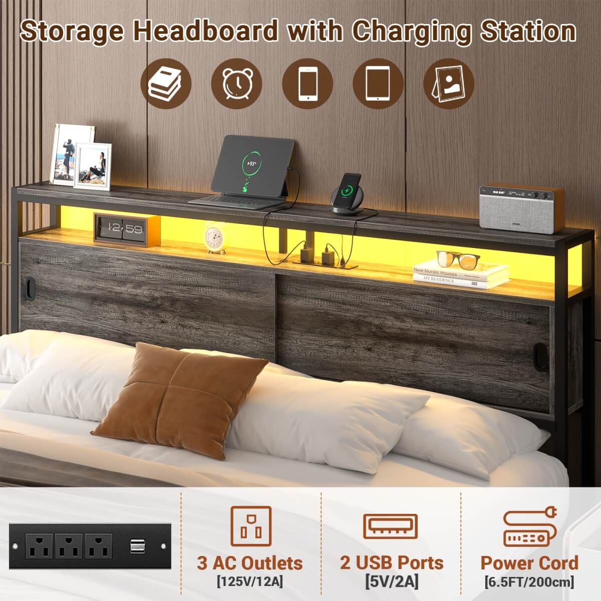 King Size Bed Frame - Storage Headboard Bed with Sliding Doors, LED Lights & USB Charging Station