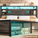 King Size Bed Frame - Storage Headboard Bed with Sliding Doors, LED Lights & USB Charging Station