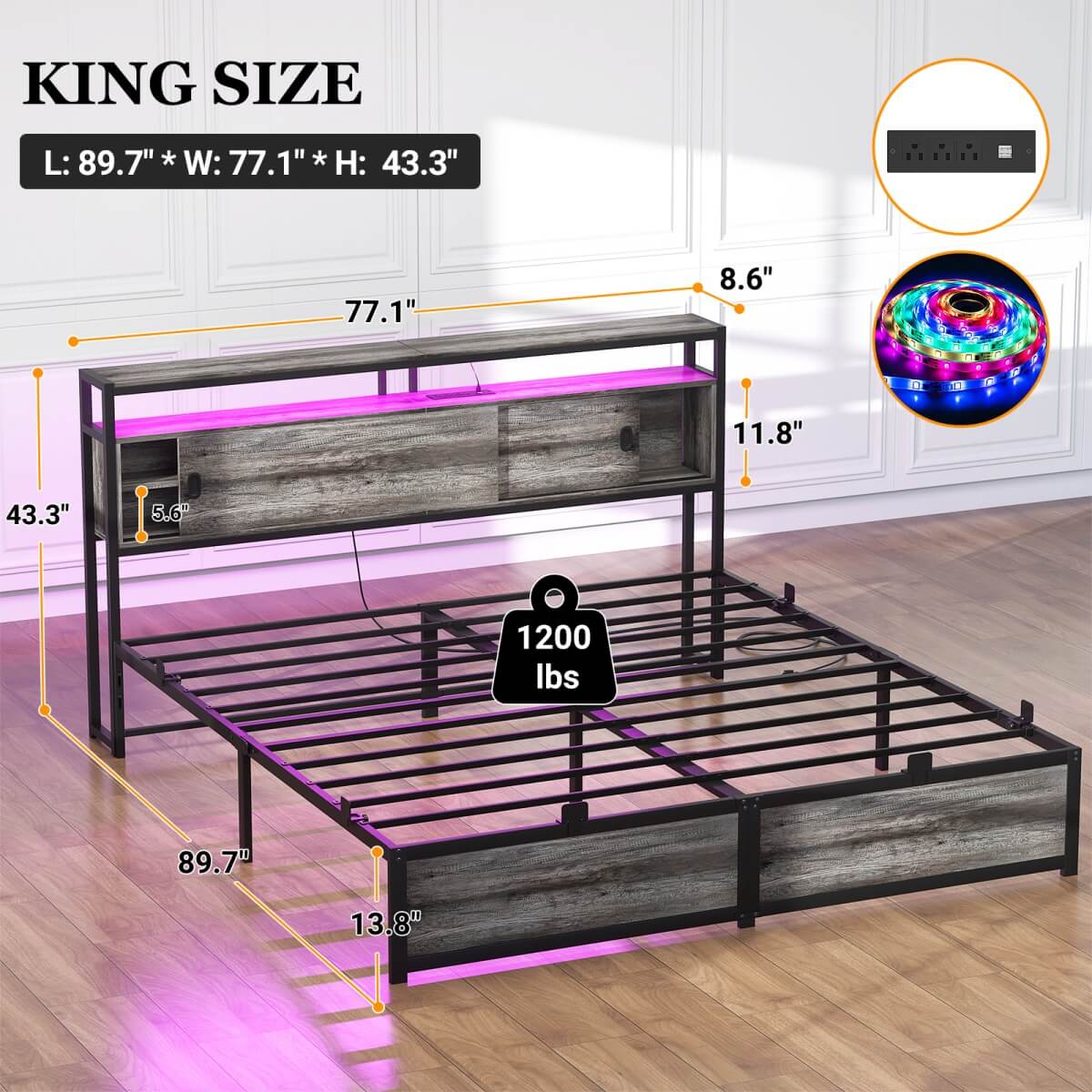 King Size Bed Frame - Storage Headboard Bed with Sliding Doors, LED Lights & USB Charging Station