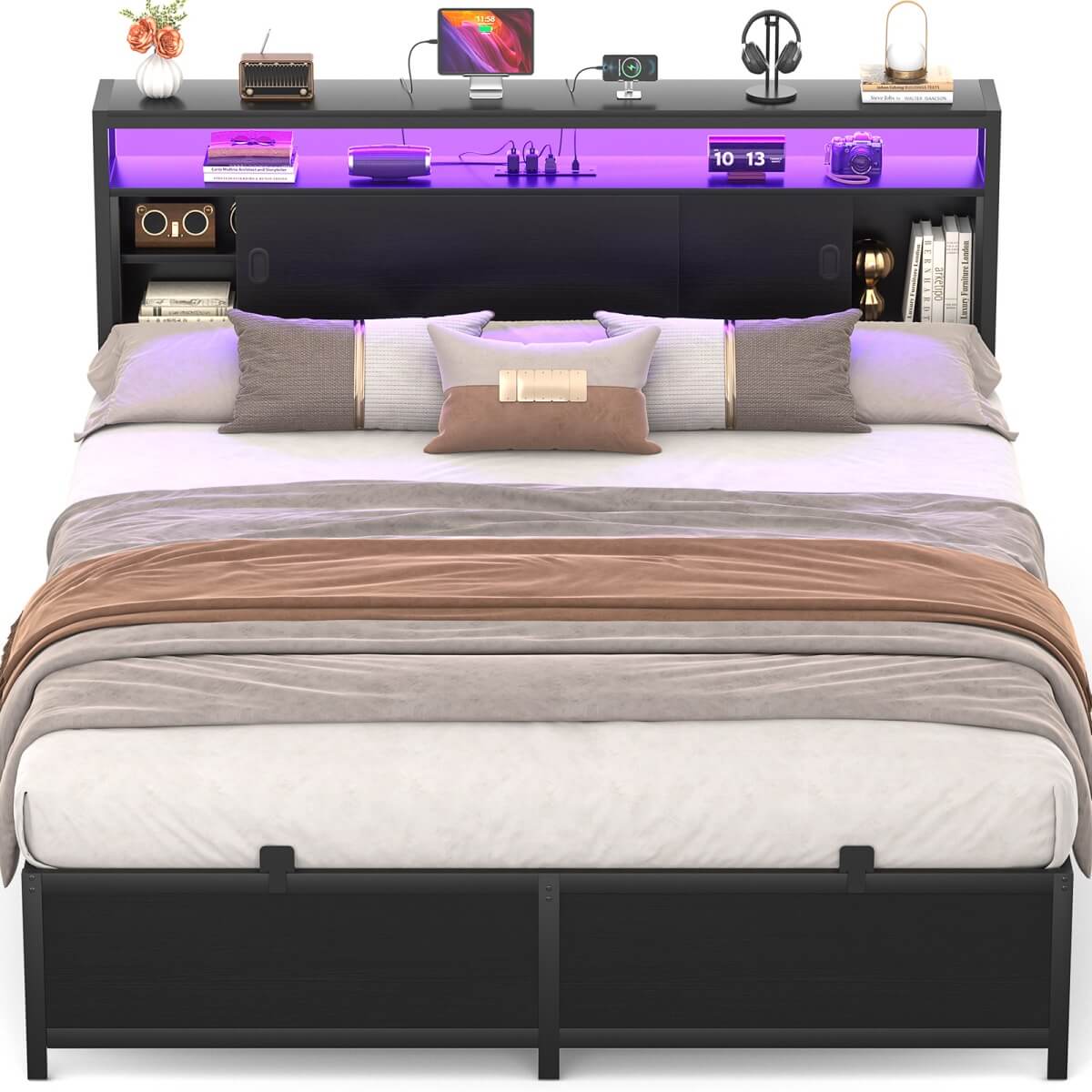 Queen Size Bed Frame with Storage Sliding Doors Headboard, LED Lights & Power Outlets