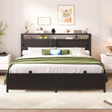 Queen Size Bed Frame with Storage Sliding Doors Headboard, LED Lights & Power Outlets