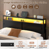 Queen Size Bed Frame with Storage Sliding Doors Headboard, LED Lights & Power Outlets