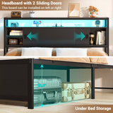 Queen Size Bed Frame with Storage Sliding Doors Headboard, LED Lights & Power Outlets