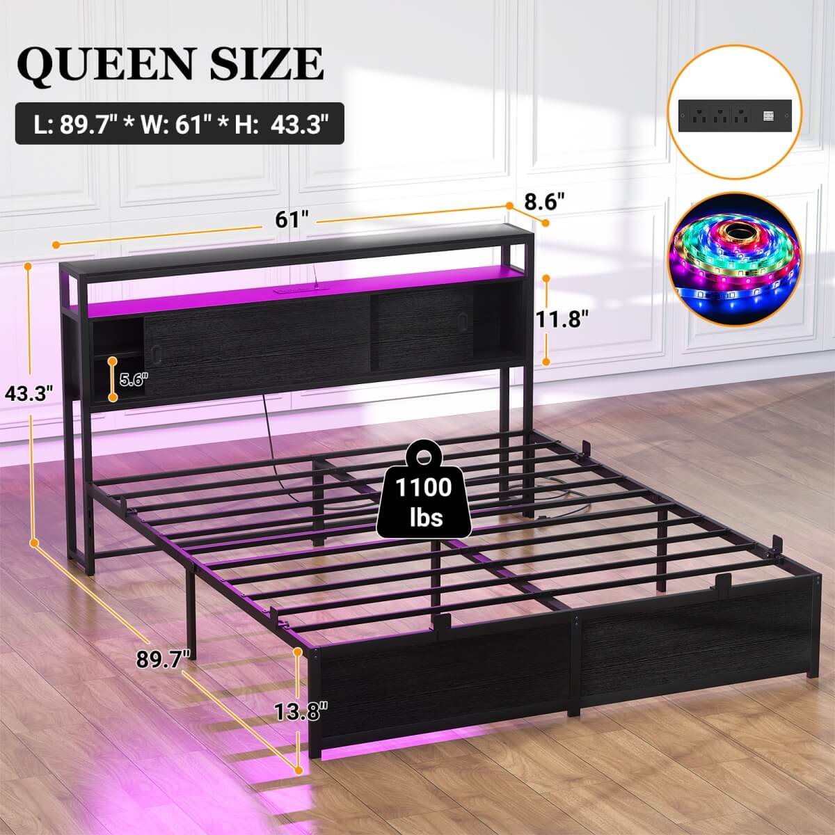 Queen Size Bed Frame with Storage Sliding Doors Headboard, LED Lights & Power Outlets