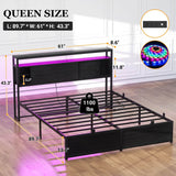 Queen Size Bed Frame with Storage Sliding Doors Headboard, LED Lights & Power Outlets