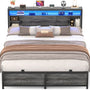 Queen Size Bed Frame with Storage Sliding Doors Headboard, LED Lights & Power Outlets