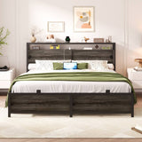 Queen Size Bed Frame with Storage Sliding Doors Headboard, LED Lights & Power Outlets