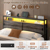 Queen Size Bed Frame with Storage Sliding Doors Headboard, LED Lights & Power Outlets