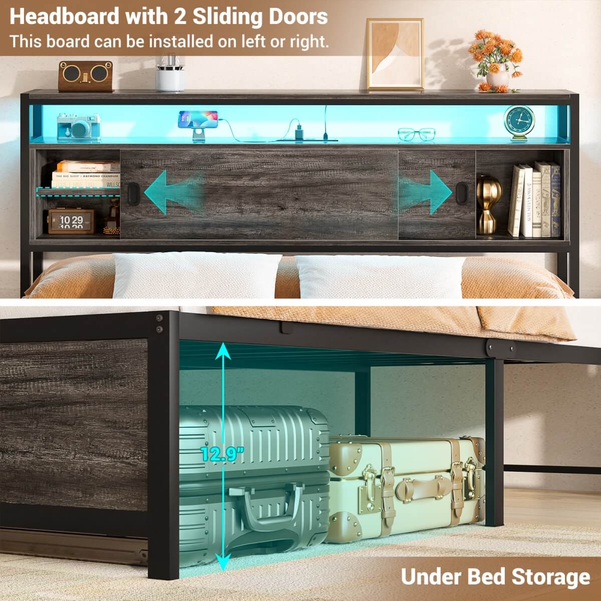 Queen Size Bed Frame with Storage Sliding Doors Headboard, LED Lights & Power Outlets