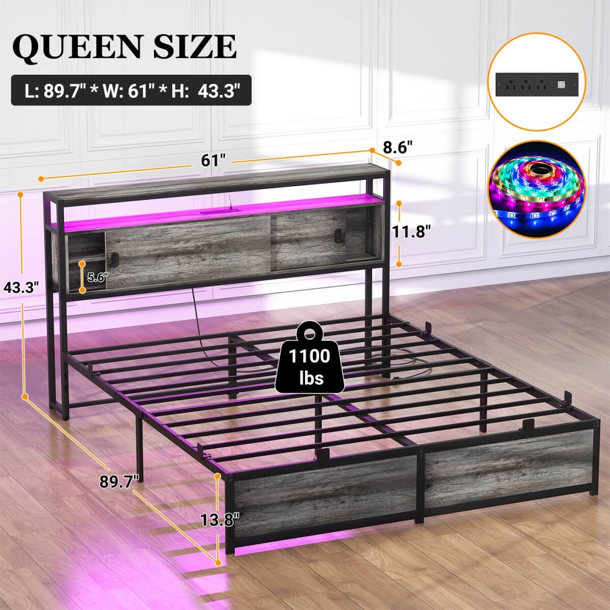 Queen Size Bed Frame with Storage Sliding Doors Headboard, LED Lights & Power Outlets