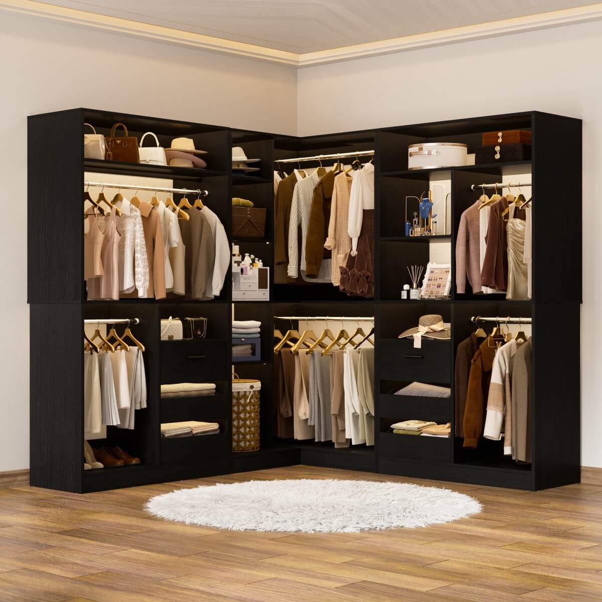 3-in-1 Closet Systems, Walk-in Closet System with Drawers and Shelves