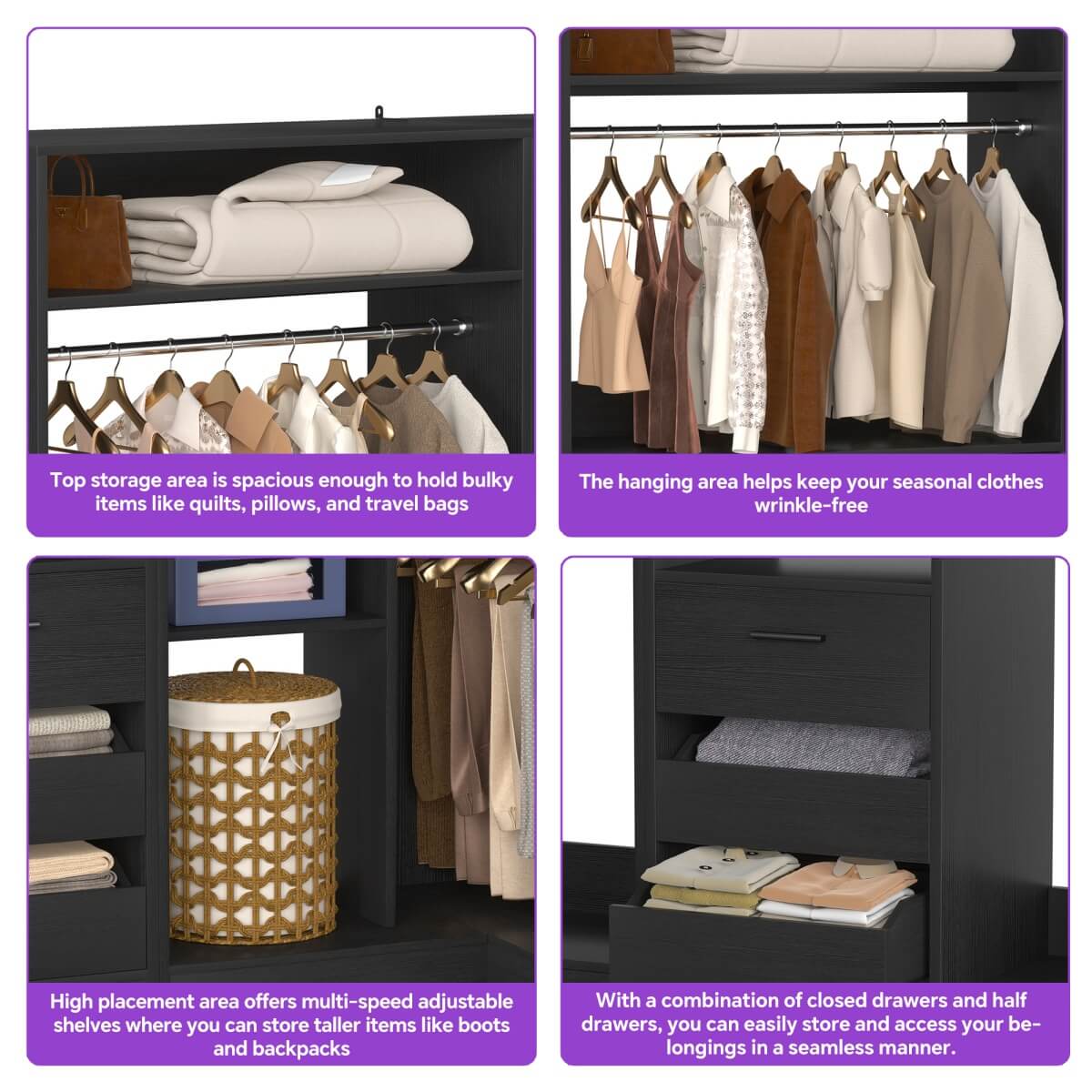 3-in-1 Closet Systems, Walk-in Closet System with Drawers and Shelves