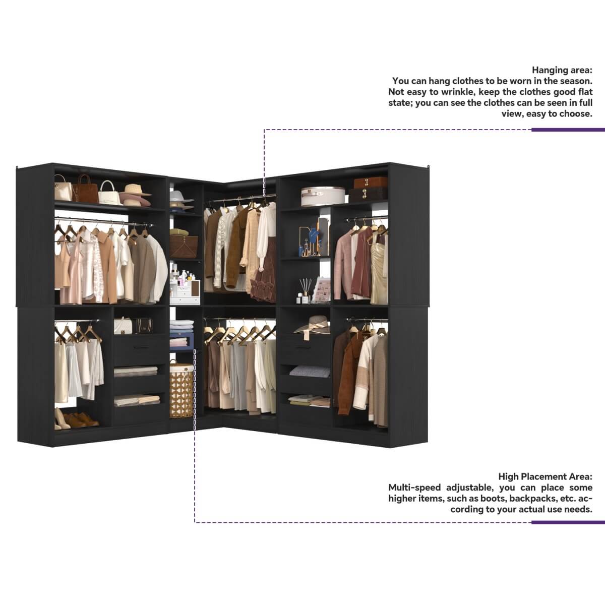 3-in-1 Closet Systems, Walk-in Closet System with Drawers and Shelves