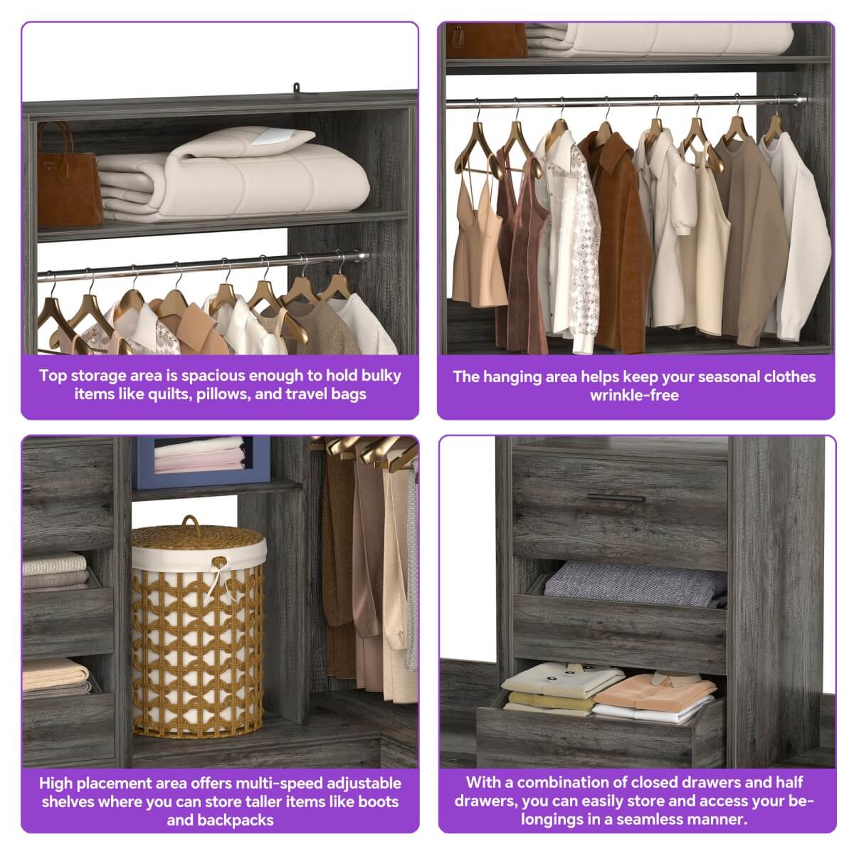 3-in-1 Closet Systems, Walk-in Closet System with Drawers and Shelves