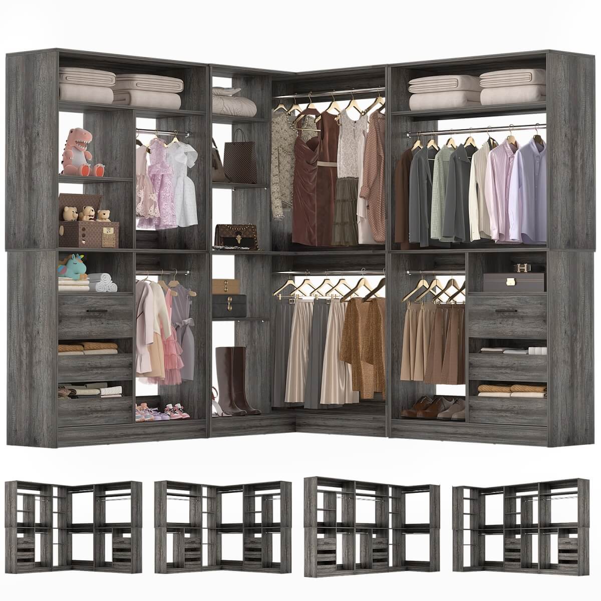 3-in-1 Closet Systems, Walk-in Closet System with Drawers and Shelves