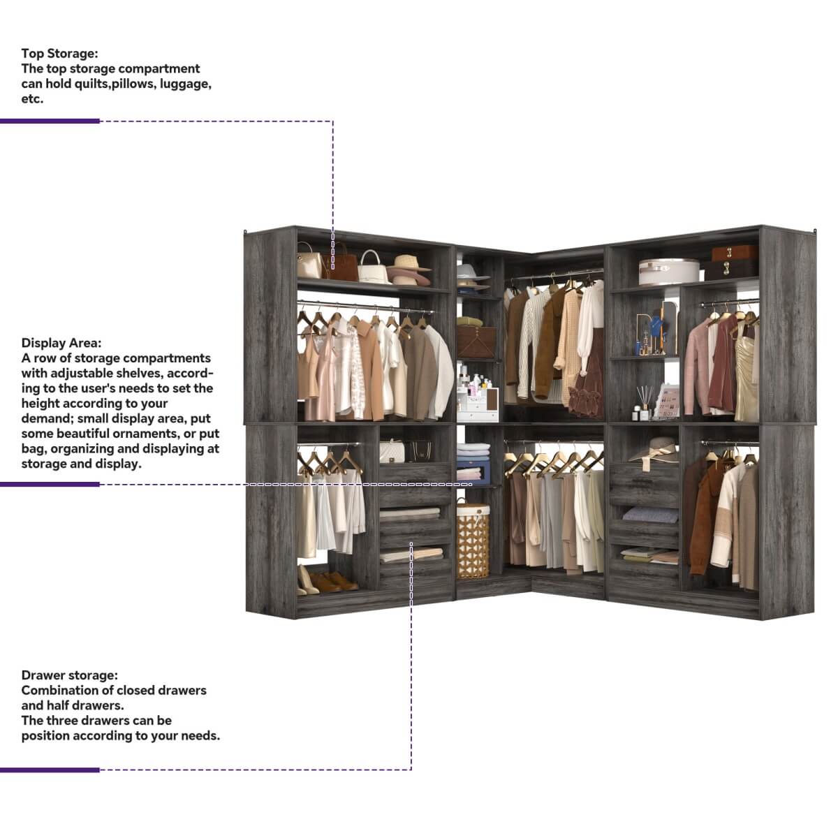 3-in-1 Closet Systems, Walk-in Closet System with Drawers and Shelves