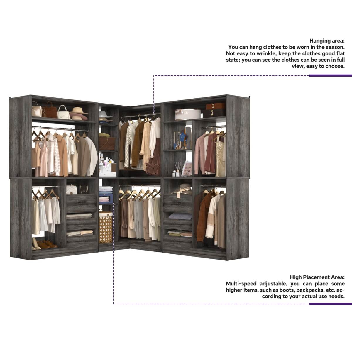 3-in-1 Closet Systems, Walk-in Closet System with Drawers and Shelves