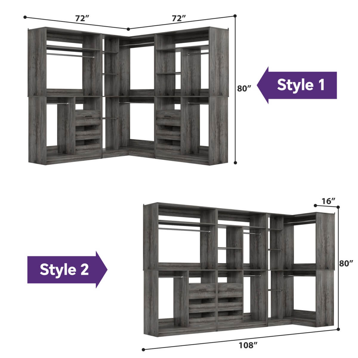 3-in-1 Closet Systems, Walk-in Closet System with Drawers and Shelves