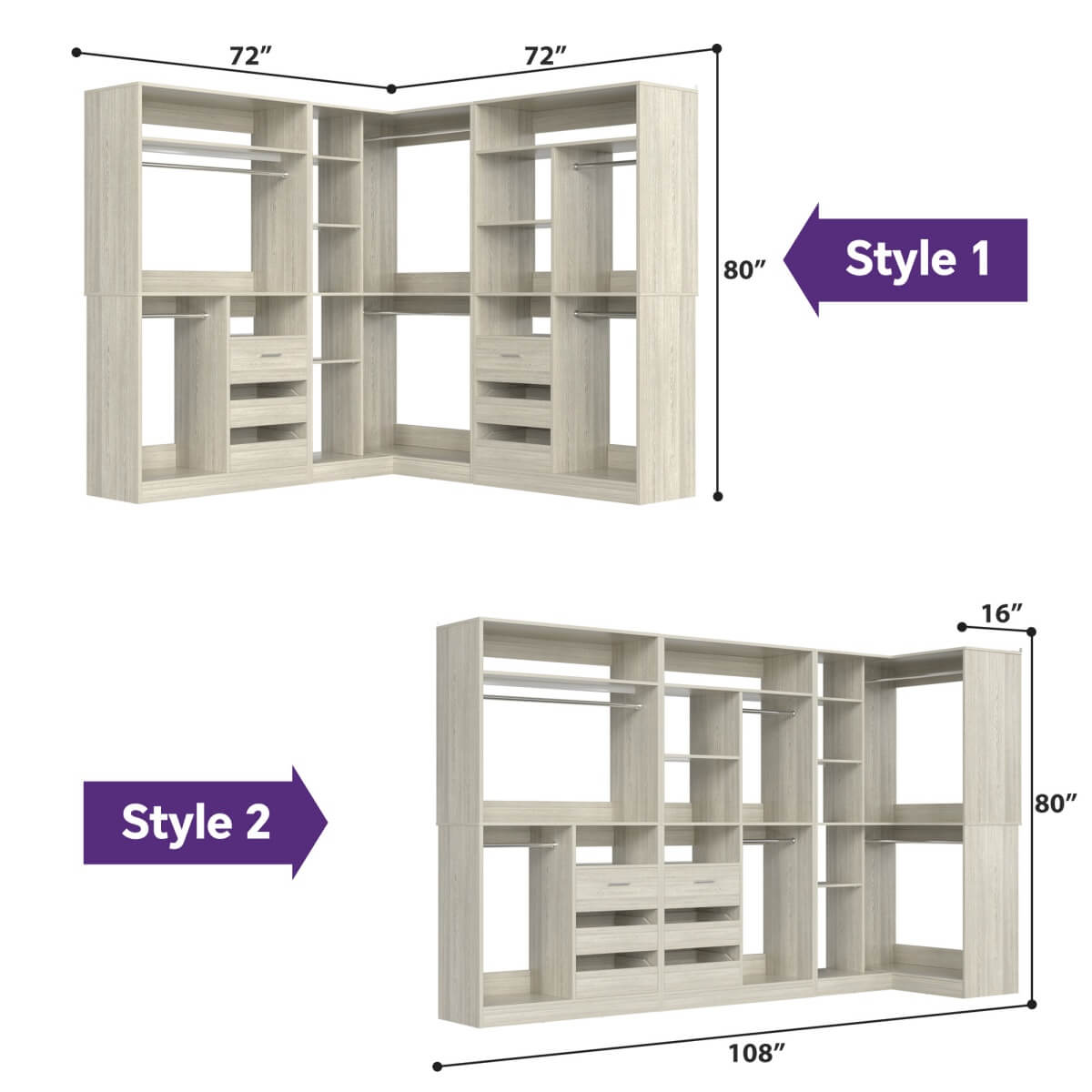 3-in-1 Closet Systems, Walk-in Closet System with Drawers and Shelves