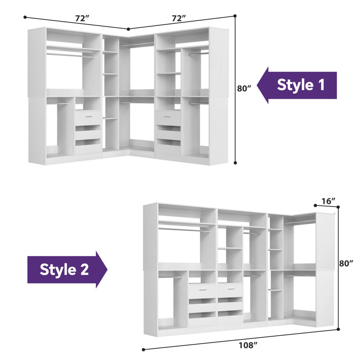 3-in-1 Closet Systems, Walk-in Closet System with Drawers and Shelves