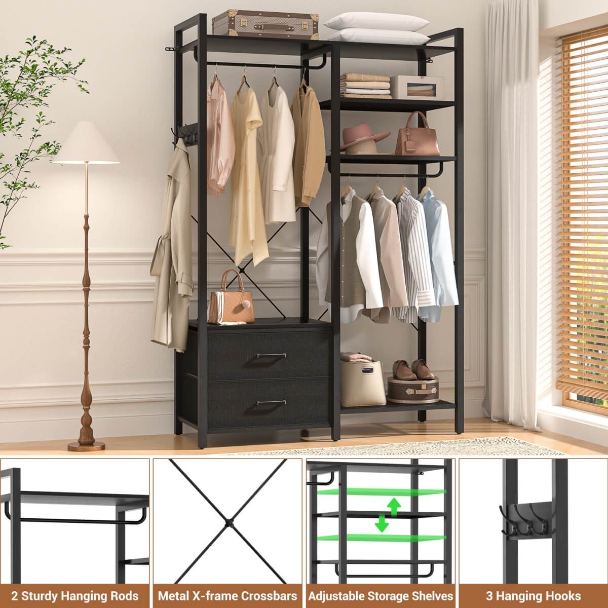 6-Tier Clothing Rack with 2 Drawers, Reversible Clothes Rack with Hanging Rods and Hooks