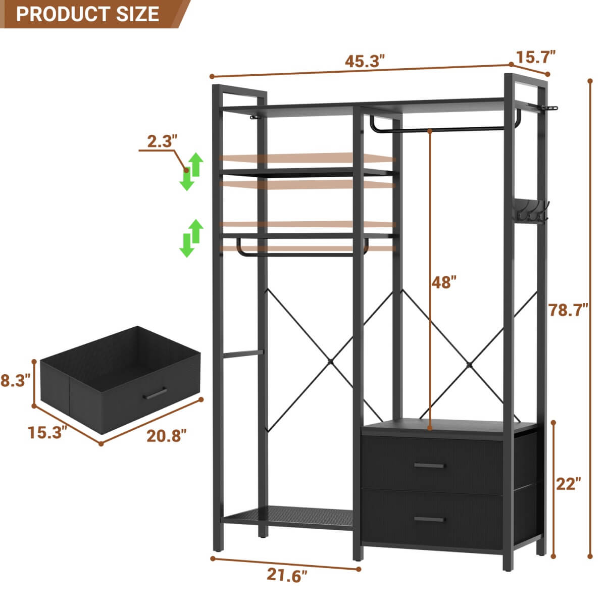 6-Tier Clothing Rack with 2 Drawers, Reversible Clothes Rack with Hanging Rods and Hooks