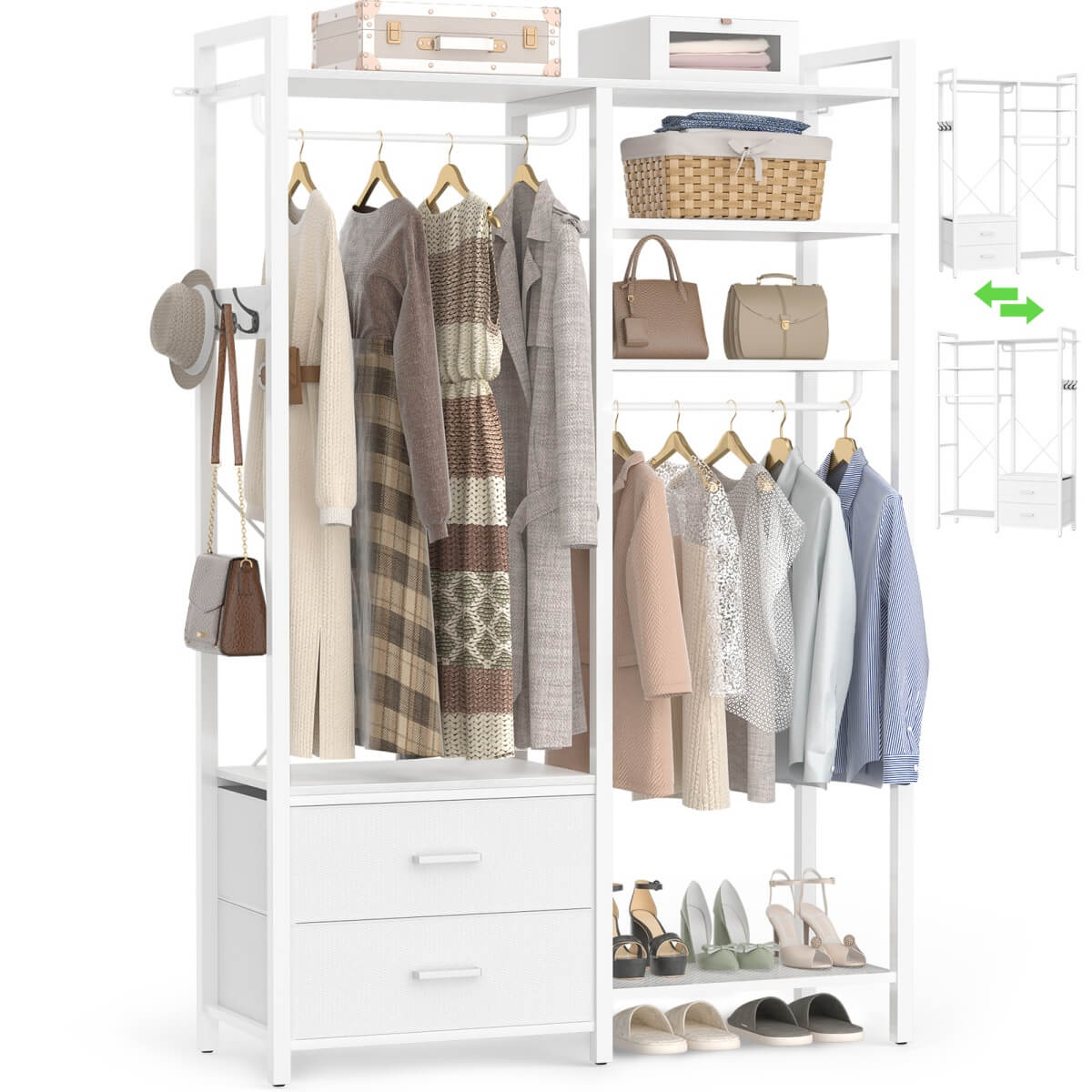 6-Tier Clothing Rack with 2 Drawers, Reversible Clothes Rack with Hanging Rods and Hooks