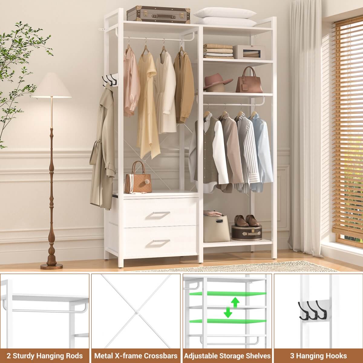 6-Tier Clothing Rack with 2 Drawers, Reversible Clothes Rack with Hanging Rods and Hooks