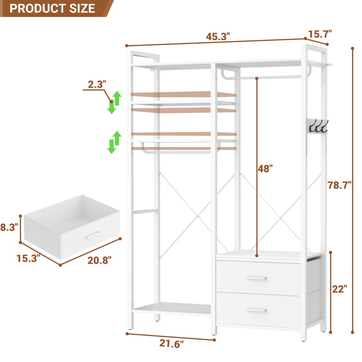 6-Tier Clothing Rack with 2 Drawers, Reversible Clothes Rack with Hanging Rods and Hooks