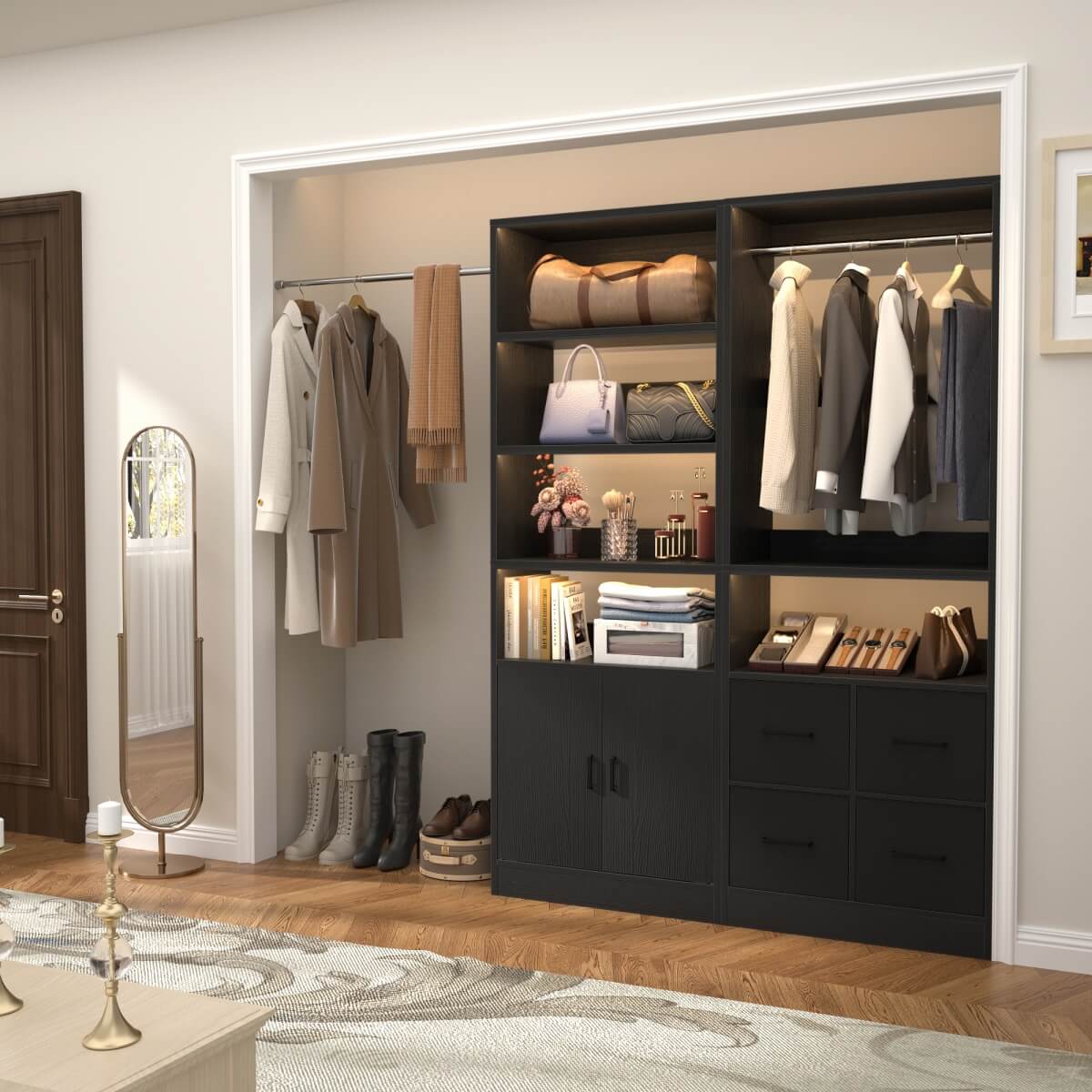 128'' Walk-in Closet System with 2 Sets, Closet Organizer with 4 Fabric Drawers and 4 Hanging Rods