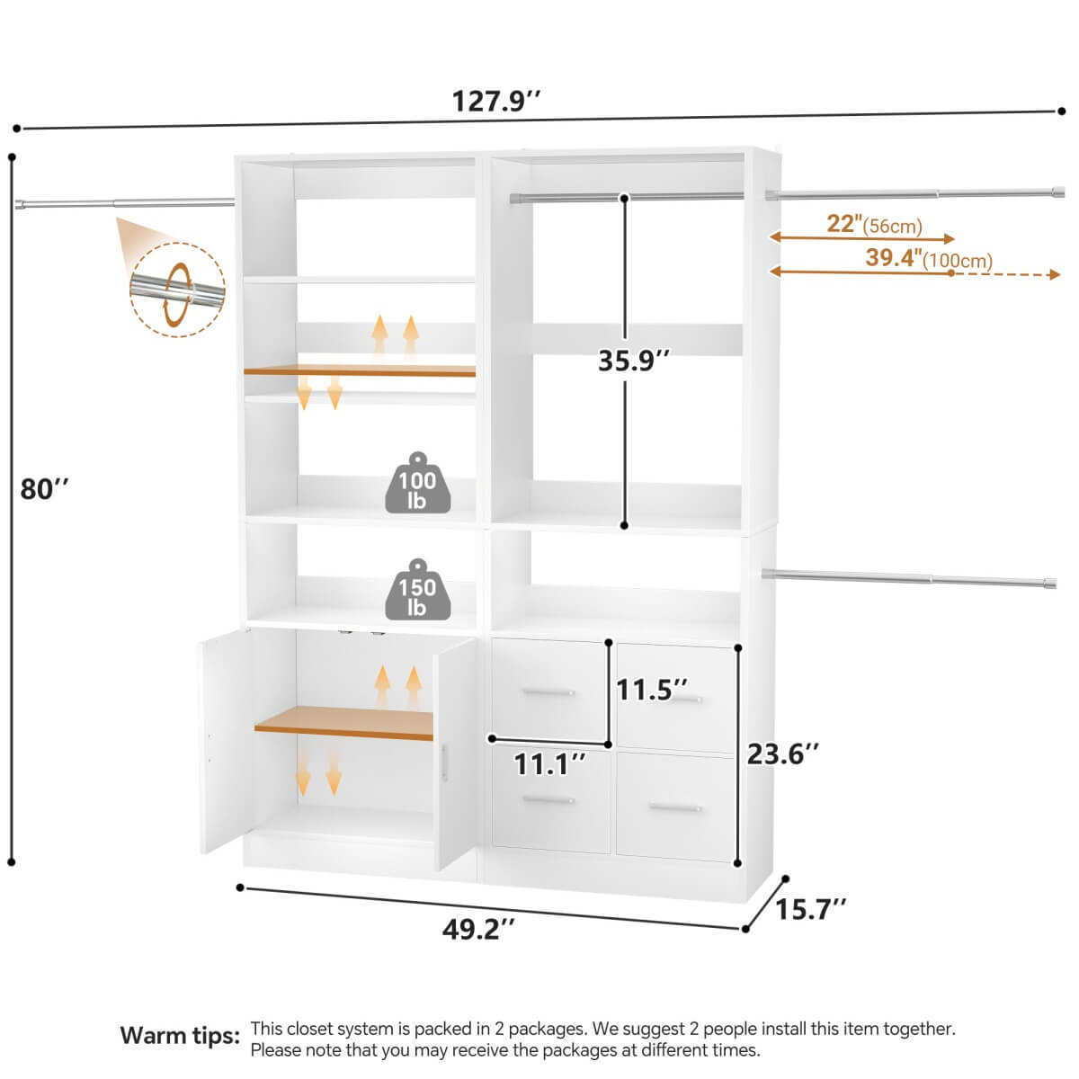 128'' Walk-in Closet System with 2 Sets, Closet Organizer with 4 Fabric Drawers and 4 Hanging Rods