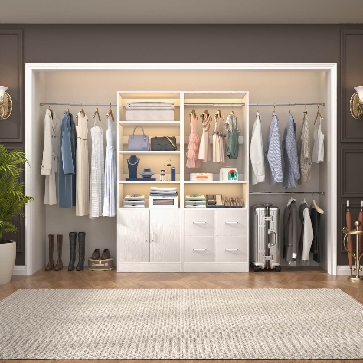 128'' Walk-in Closet System with 2 Sets, Closet Organizer with 4 Fabric Drawers and 4 Hanging Rods