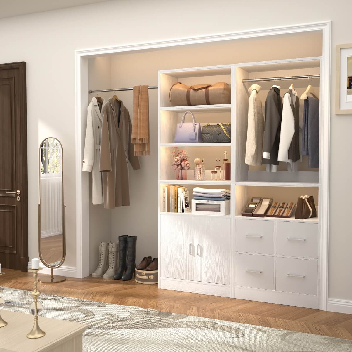 128'' Walk-in Closet System with 2 Sets, Closet Organizer with 4 Fabric Drawers and 4 Hanging Rods