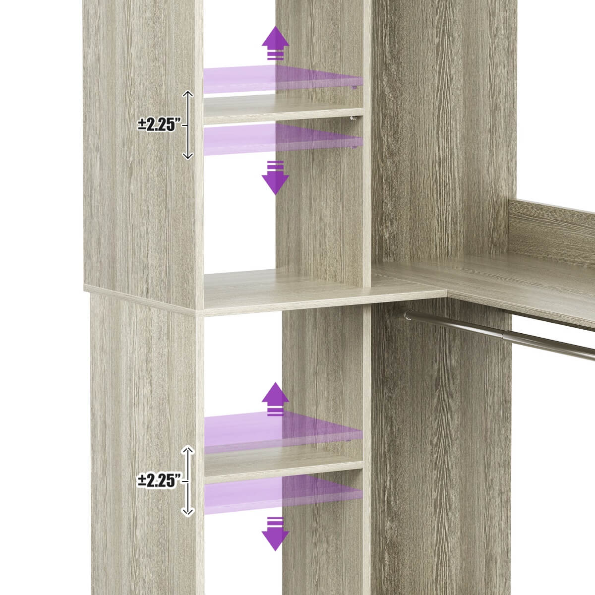 36'' Freestanding Corner Closet System with 2 Hanging Rods & 8 Storage Shelves