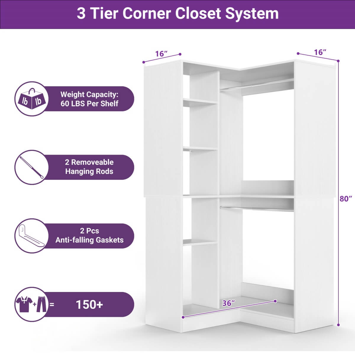 36'' Freestanding Corner Closet System with 2 Hanging Rods & 8 Storage Shelves