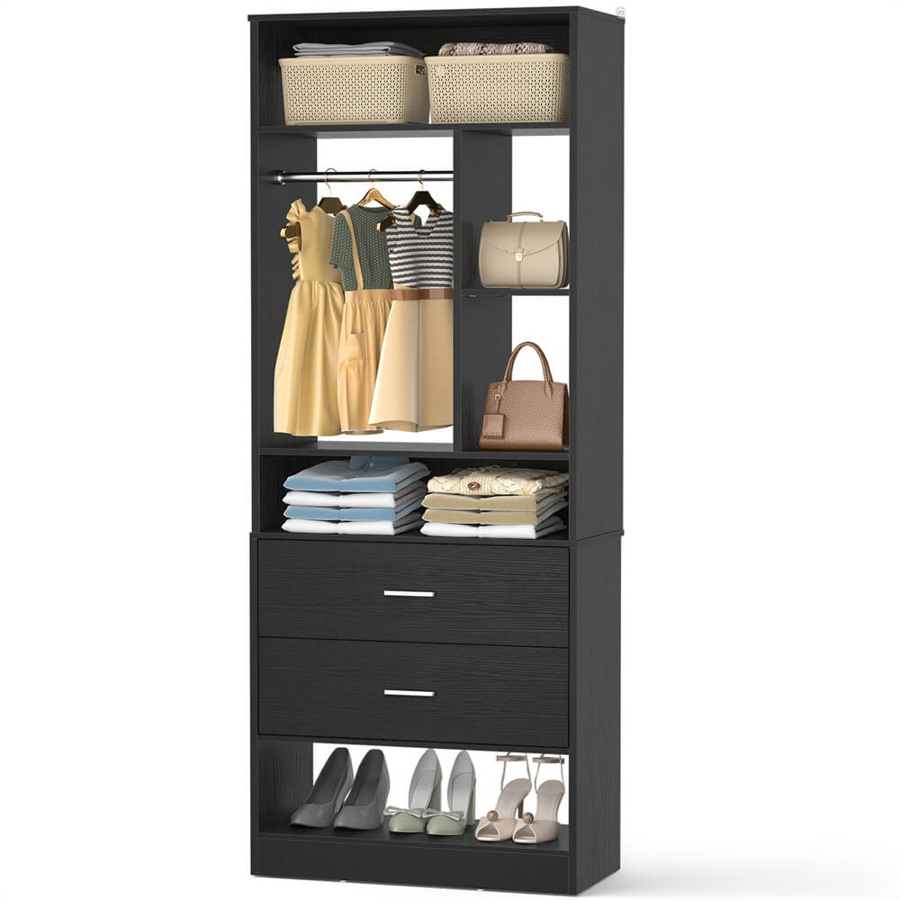 24 Inch Freestanding Closet System with 2 Wood Drawers, 2FT Small Closet Organizer System with Hanging Rod & Shelves, 24" L x 15" W x 80" H