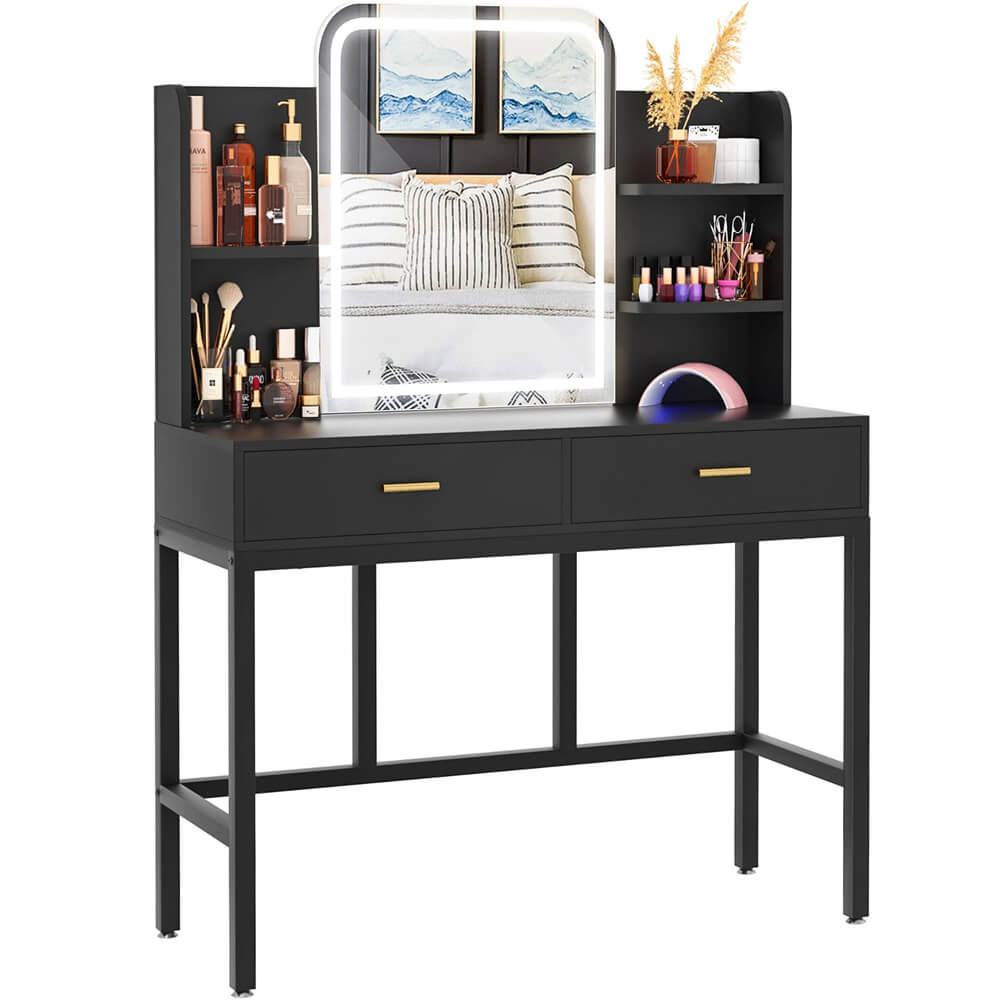 Vanity Desk with Lighted Mirror and 2 Wooden Drawers, Makeup Vanity Desk with 3 Shelves, for Bedroom