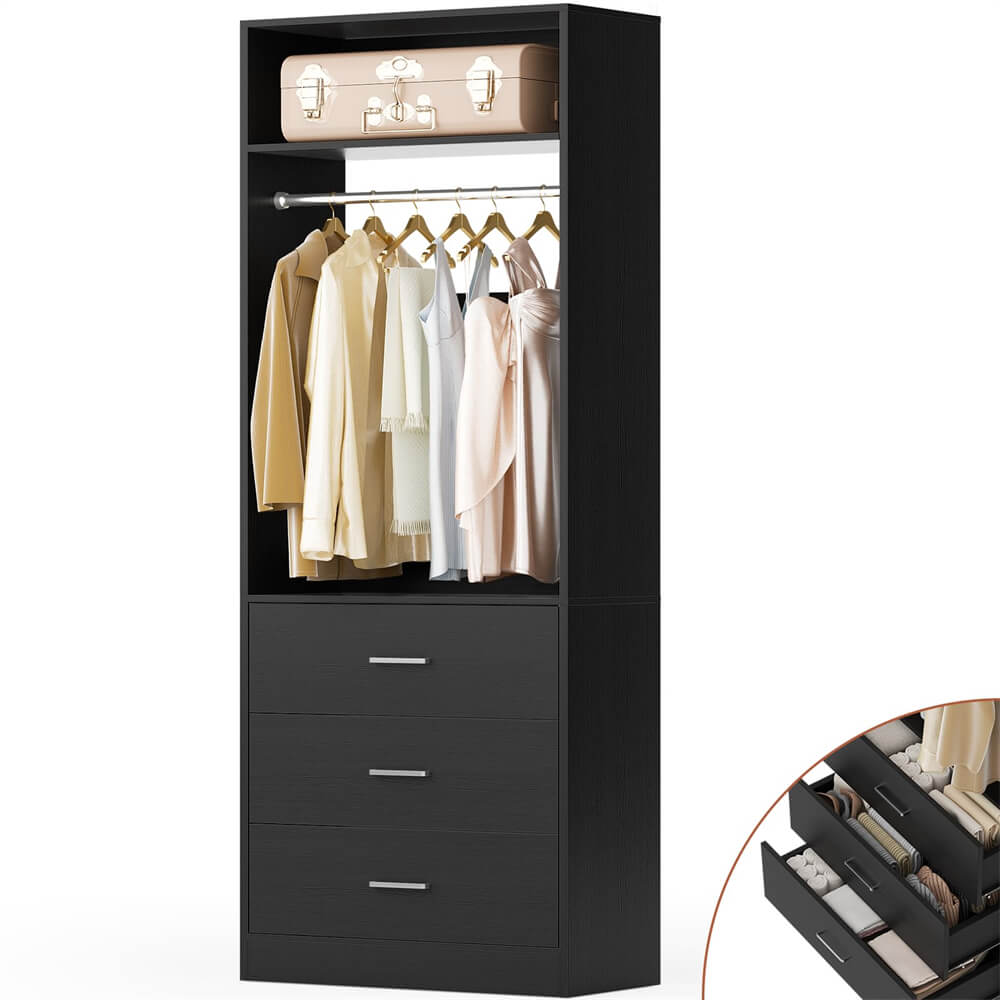 2FT  Freestanding Closet System with 3 Wood Drawers, Closet Organizer with Hanging Rod & Shelves, 24"L x 15" W x 80" H