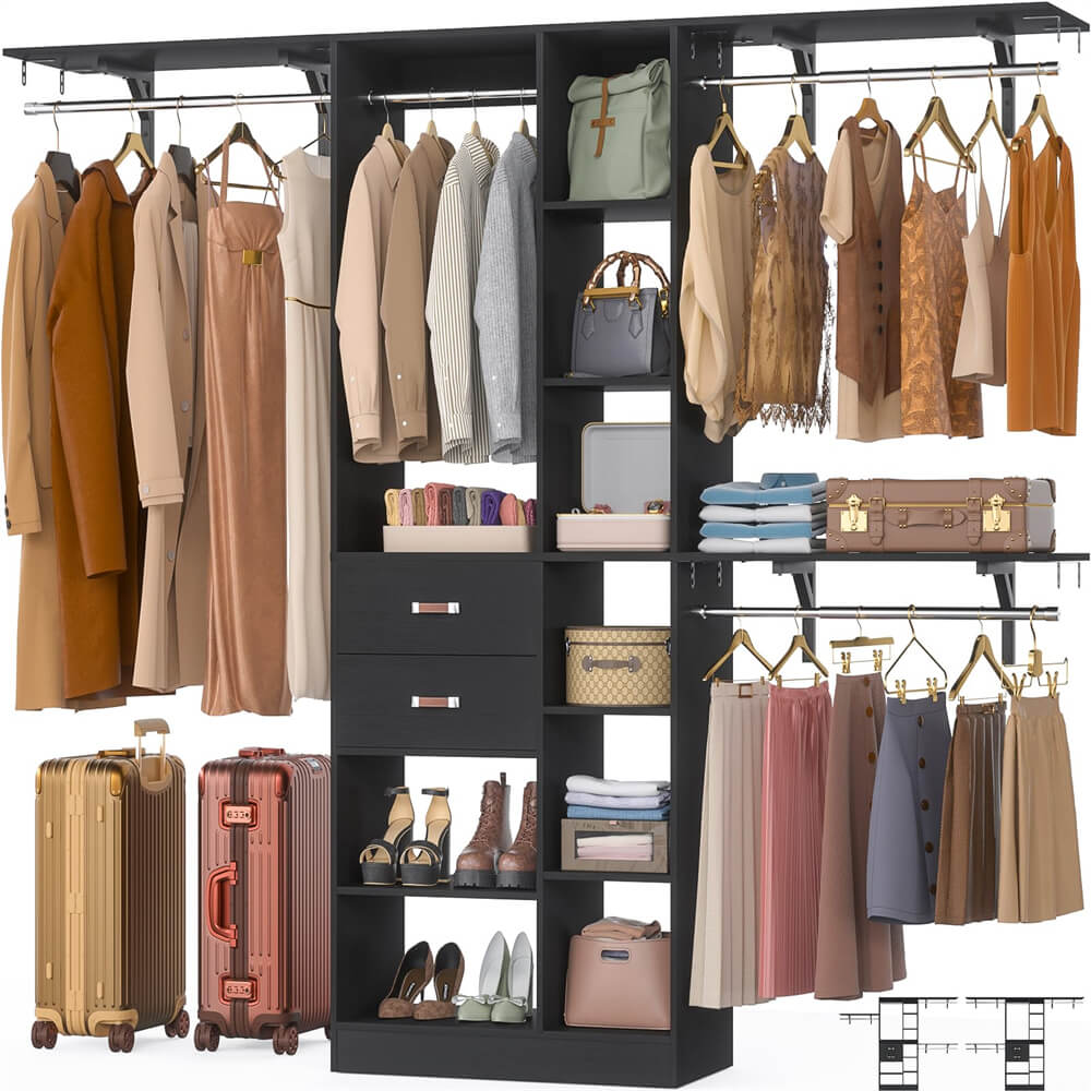 8FT Heavy Duty Closet Organizer System, Walk In Closet System with 13 Shelves and 2 Wood Drawers