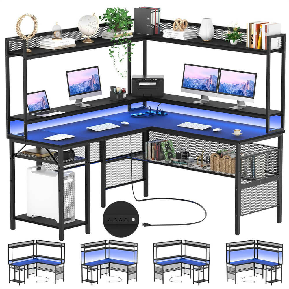 Unikito L-Shaped Desk with Power Outlet and LED Strip, 63” L Shaped Computer Corner Desk with Reversible File Drawer and Monitor Stand, Gaming Table Writing Desk for Home Office Workstation