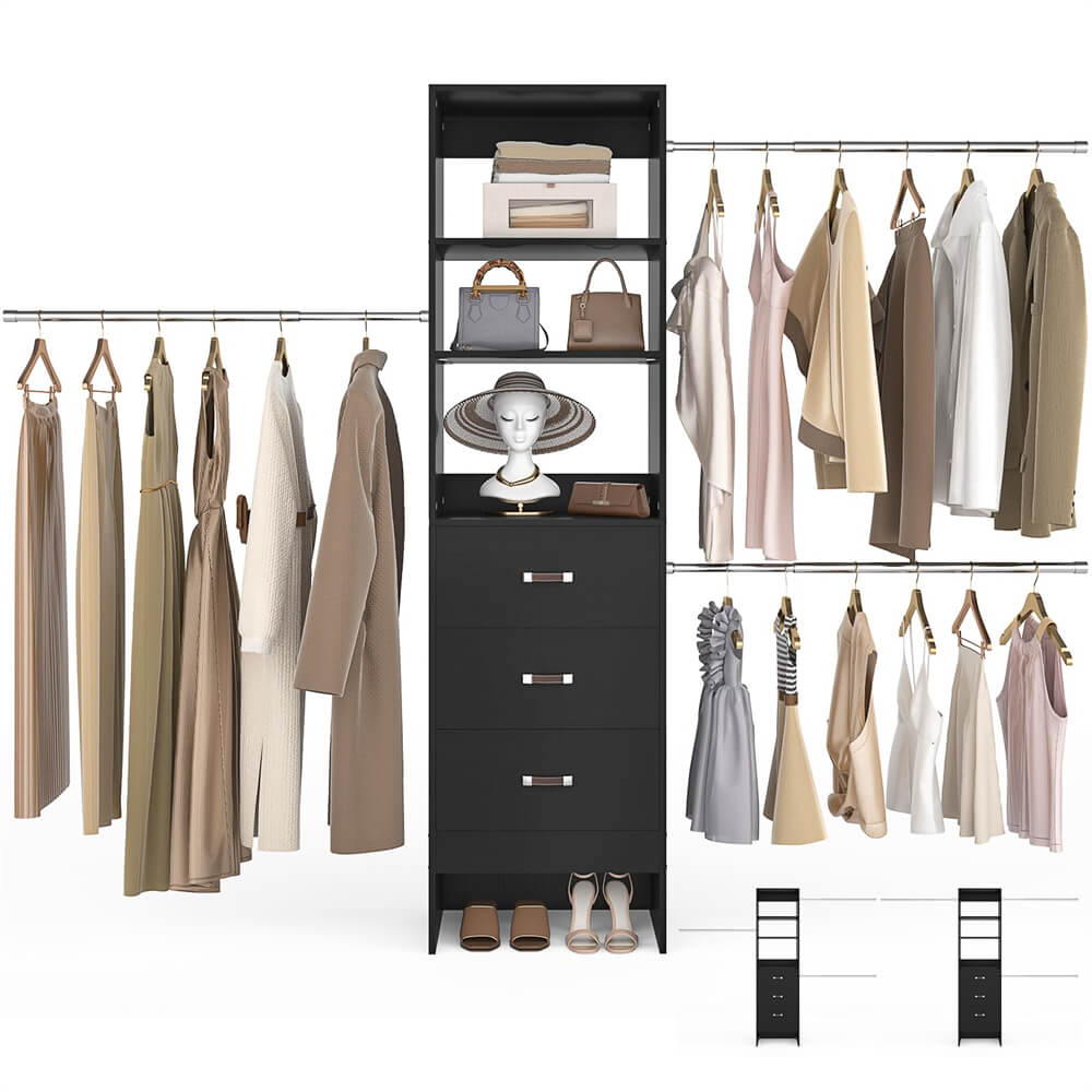 96 inch Closet Organizer System with 3 Wood Drawers and 3 Hanging Rods, Freestanding, and Adjustable