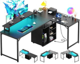 Unikito L Shaped Computer Desk, 58'' Reversible Gaming Desk with LED Strip & Adjustable Monitor Stand, Office Desk with Cabinet & Power Outlets, Corner Desk 2 Person Long Writing Study Table